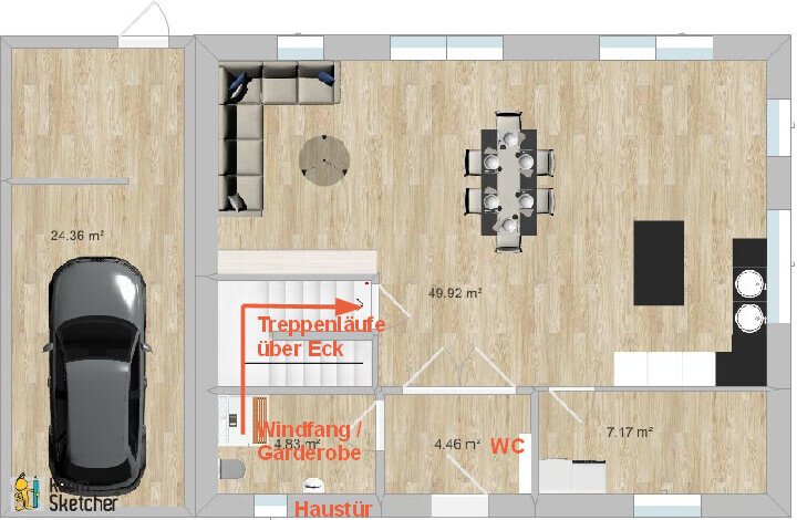 Grundriss: Garage mit Auto links, Windfang, Haustür, Treppenaufgang, WC, offener Wohn-/Essbereich.