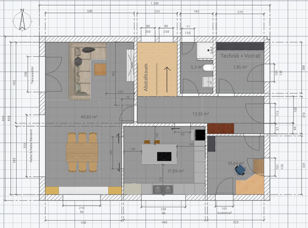 Grundriss eines Hauses: Wohn-/Essbereich, Küche mit Insel, Abstellraum, Technikraum, Arbeitszimmer.