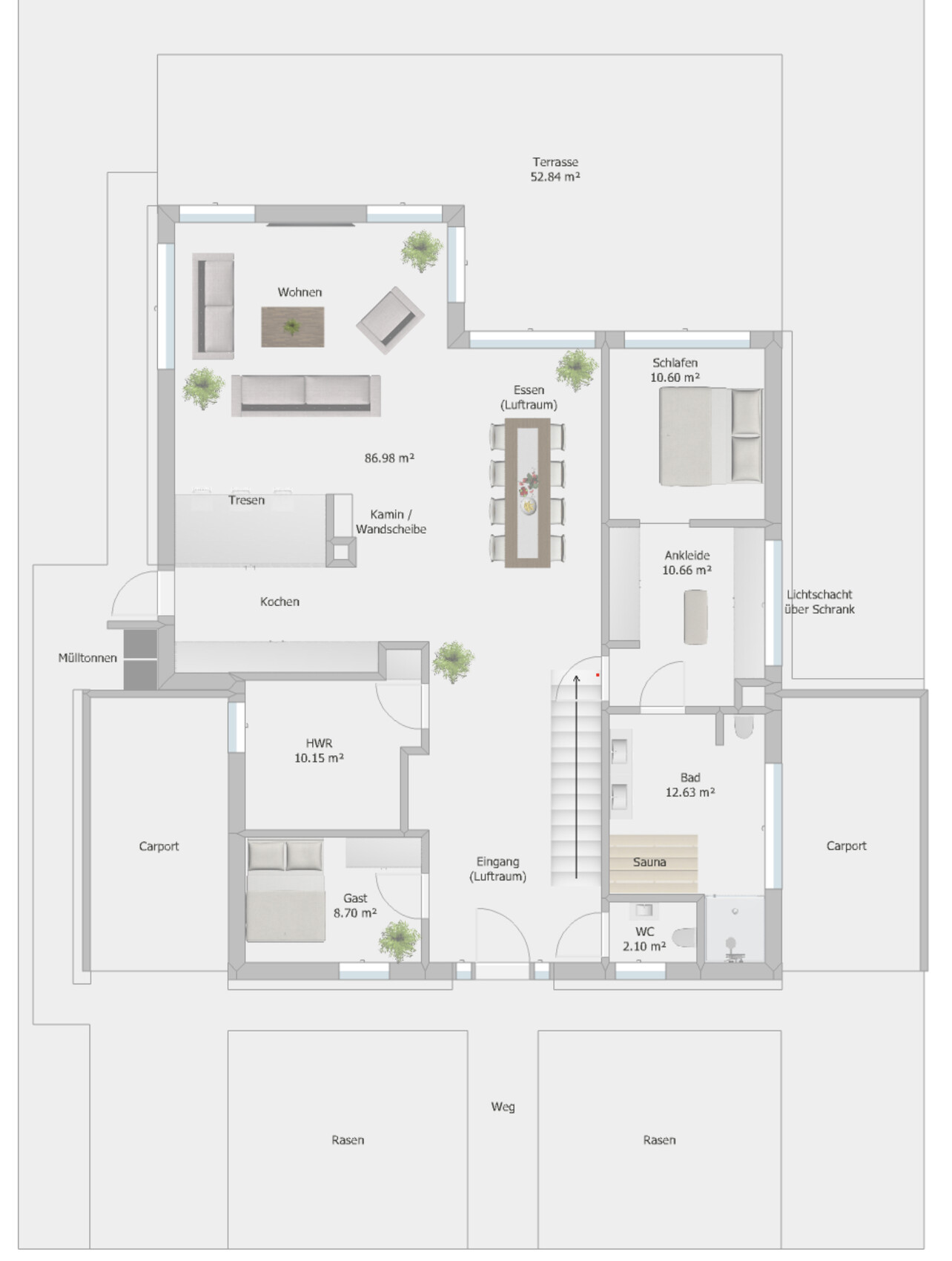 Grundriss eines Hauses mit Wohnen, Essen, Kochen, Schlaf- und Gästezimmer, Bad, Sauna, Terrasse.