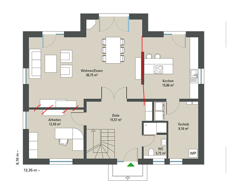 Grundriss eines Hauses: Wohnen/Essen, Küche, Arbeitszimmer, Diele, WC, Technik.