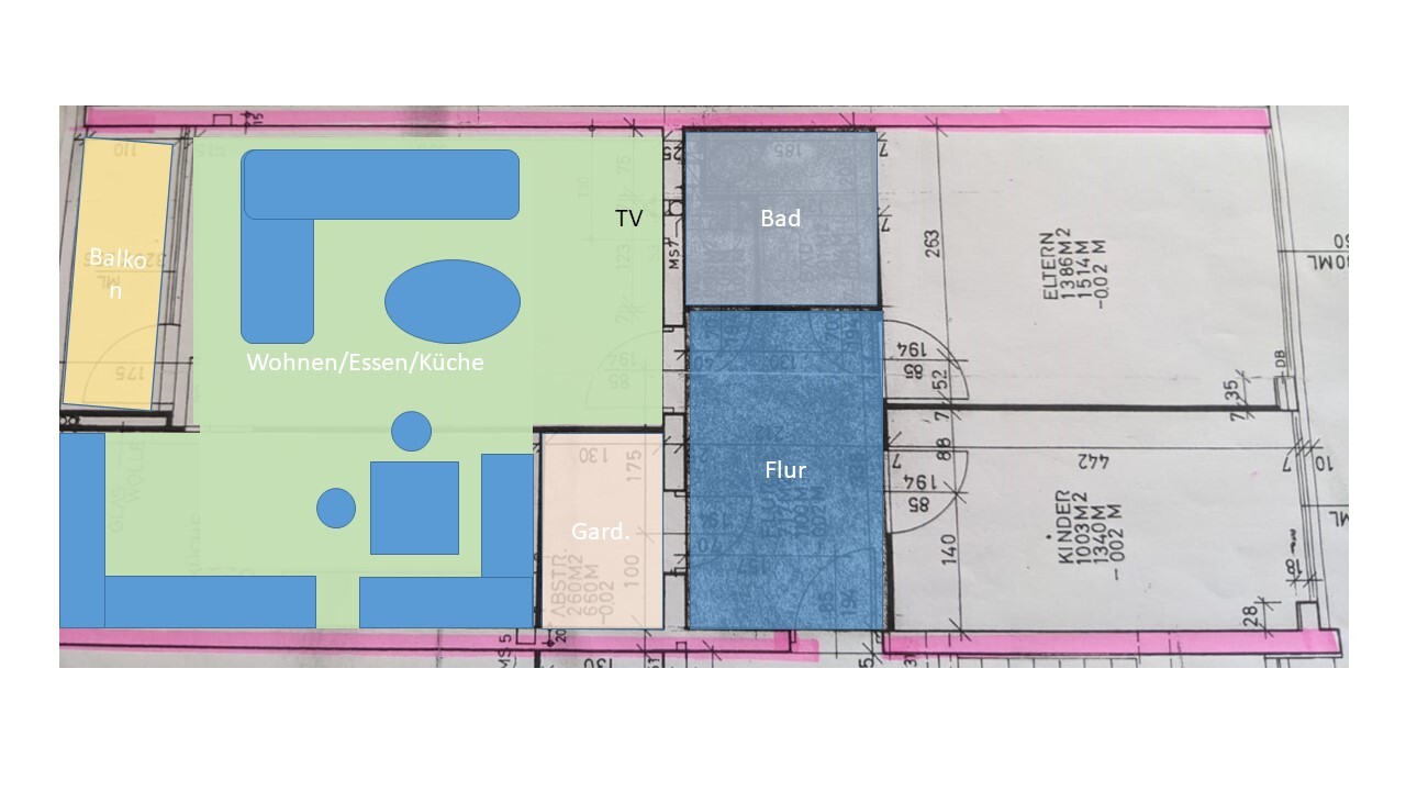 Grundriss einer Wohnung: heller Wohnbereich mit offener Küche, Balkon links, Bad und Flur rechts.