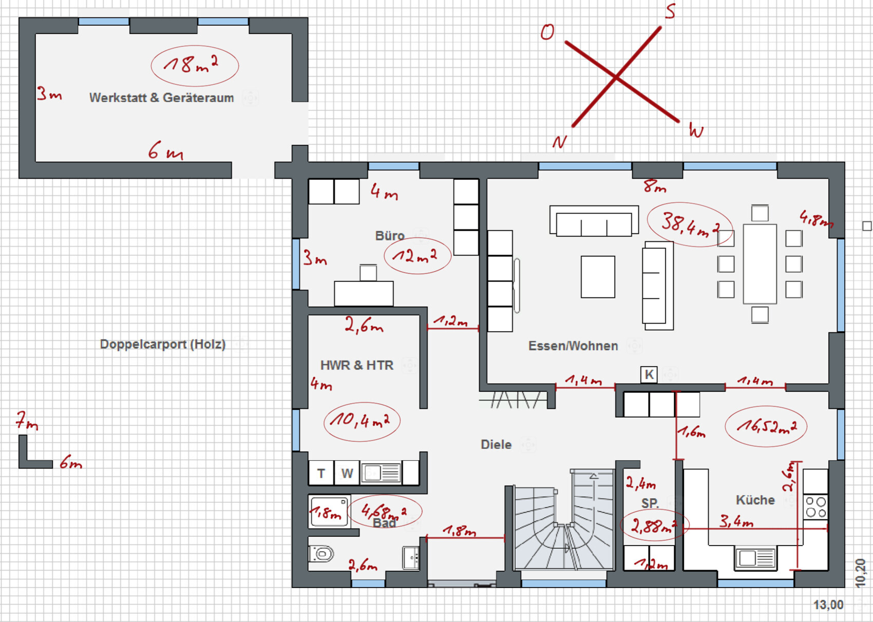 Grundriss eines Hauses: Essen/Wohnen, Küche, Büro, Werkstatt, HWR, Bad, Carport.