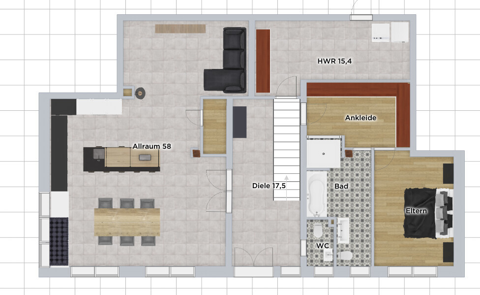Grundriss eines Hauses: Wohn-/Essbereich links, Treppe, Diele, HWR, Ankleide, Bad, WC, Elternzimmer.