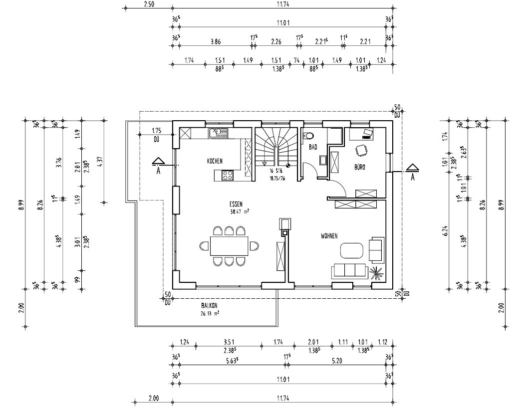 Grundriss eines Hauses mit Küche, Essen, Wohnen, Bad, Büro und Balkon.