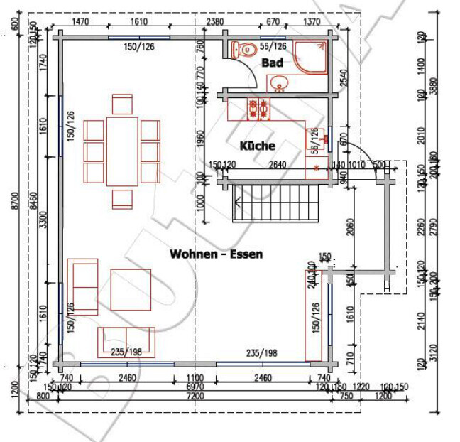 Grundriss eines Hauses: Wohn-/Essbereich, Küche, Bad, Möbel.