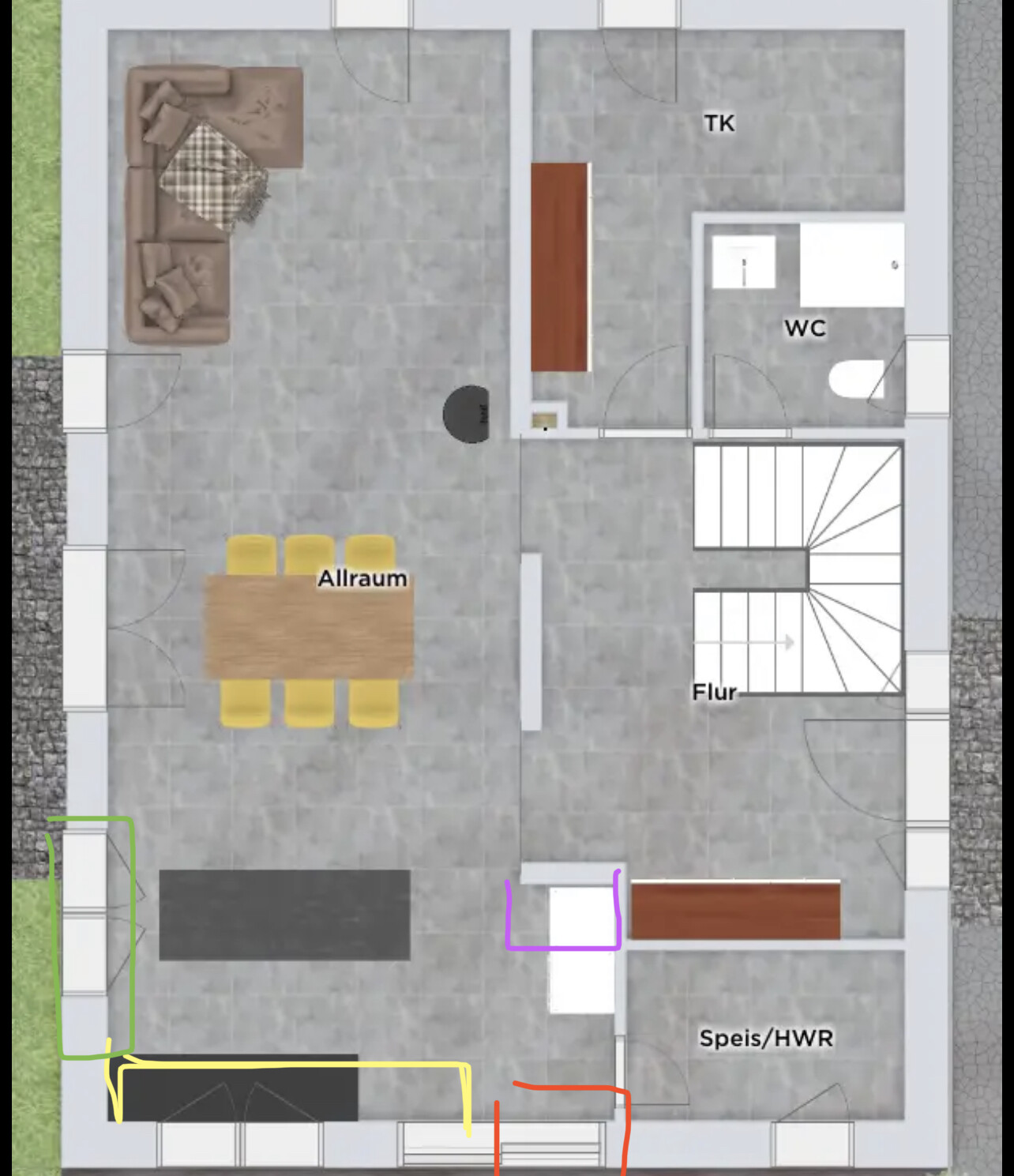 Grundriss eines Hauses von oben mit Wohnzimmer, Essbereich, Flur, WC und Treppe