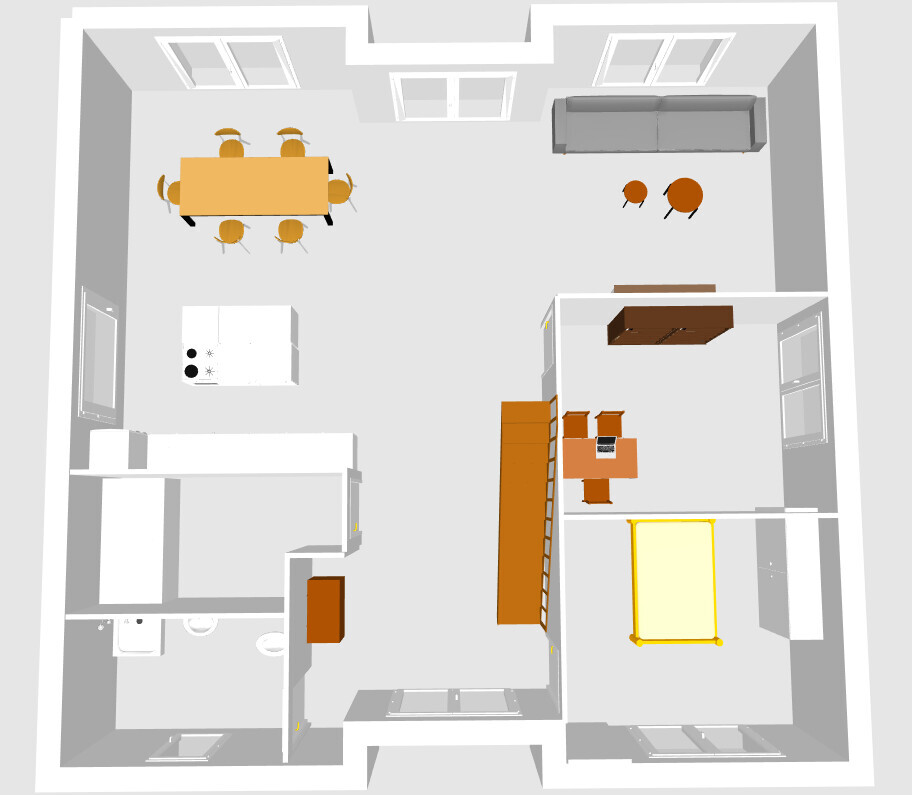 Grundriss einer Wohnung: offenes Wohnzimmer mit Sofa, Esstisch, Kücheninsel, Schlafzimmer, Bad.