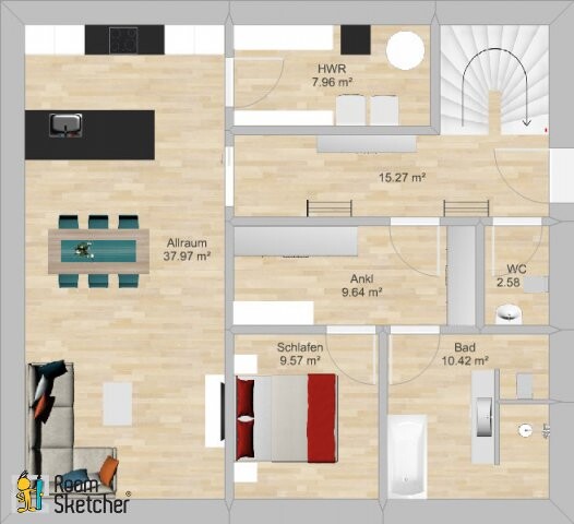 Grundriss: offener Wohnbereich mit Küche, Schlafraum, Ankleide, Bad, WC, HWR, Treppe.