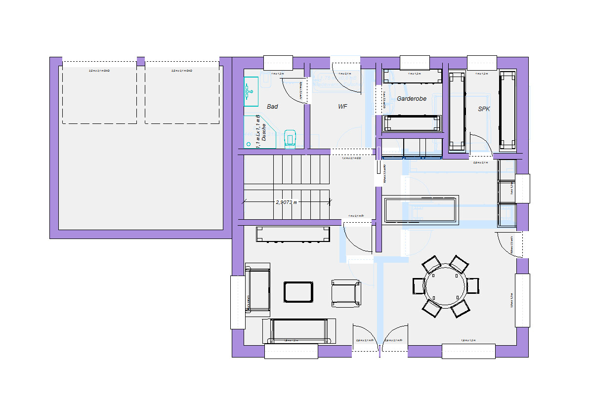 Grundriss eines Hauses: Wohnzimmer mit Sofa und runder Esstisch, Bad, Garderobe, Speisekammer, Garage.