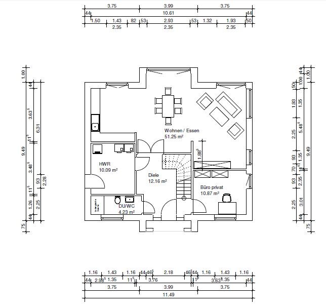Grundriss eines Hauses: Wohn-/Esszimmer, Diele, HWR, Büro privat, Dusche/WC