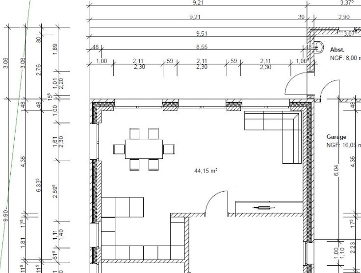 Grundriss eines Wohn- und Essbereichs mit Esstisch, Sofa und TV, 44,15 m².