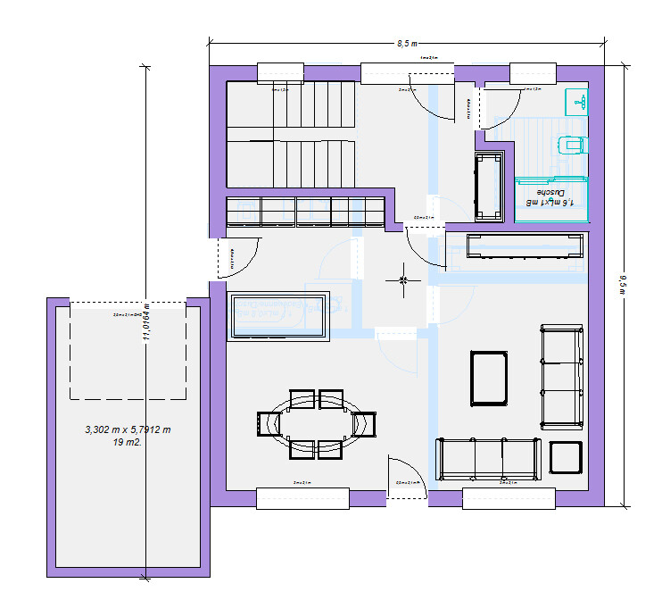 Grundriss eines Hauses: Wohnzimmer mit Esstisch, Sofa, Küche, Bad, Treppenaufgang und Garage.