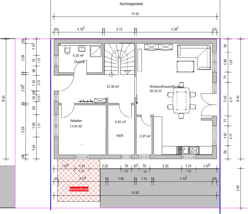 Grundriss einer Wohnung: Dusche, Arbeitszimmer, HWR und großzügiger Wohn-/Ess-/Kochbereich mit Möbeln
