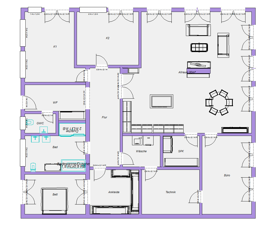 Grundriss eines Hauses mit Wohnzimmer, Küche, Bad, Schlafzimmer, Büro und Flur