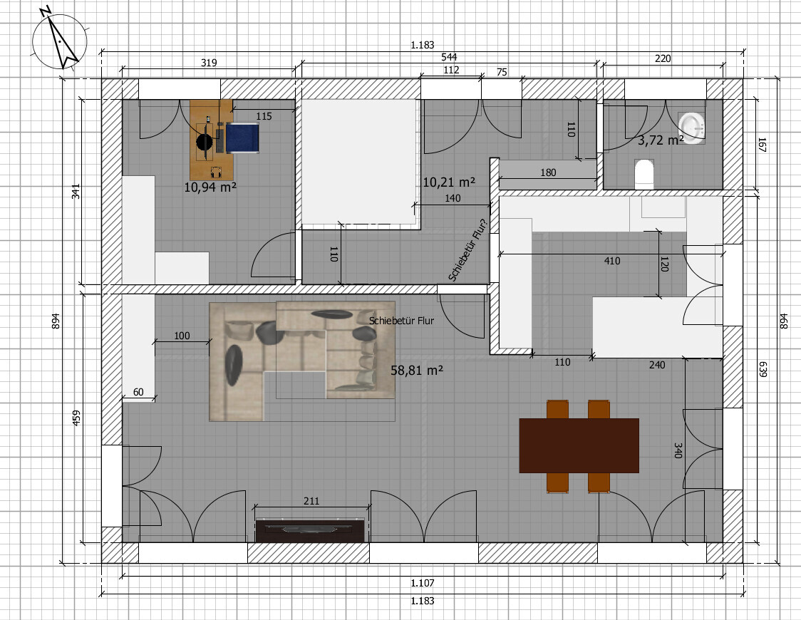 Grundriss einer Wohnung mit Wohnzimmer, Essbereich, Flur, Büro und Bad.