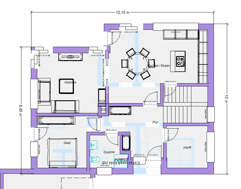 Grundriss eines Hauses mit Wohnzimmer, Gästezimmer, Kochen/Essen, Dusche, Flur, HWR, Treppe
