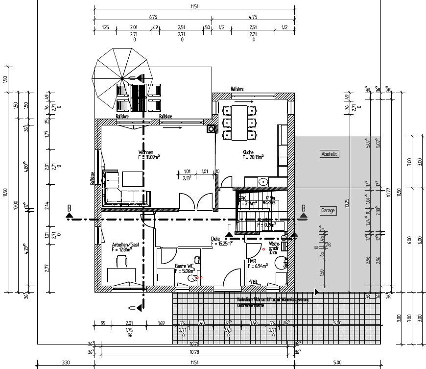 Grundriss eines Hauses: Wohnzimmer, Küche, Diele, Gästezimmer, Bad, HAR, Abstellraum, Garage