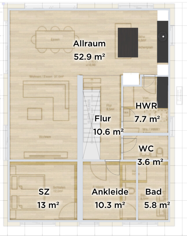 2D-Grundriss eines Hauses mit offenem Wohnraum, Flur, Schlafzimmer, Ankleide, Bad, WC und HWR.