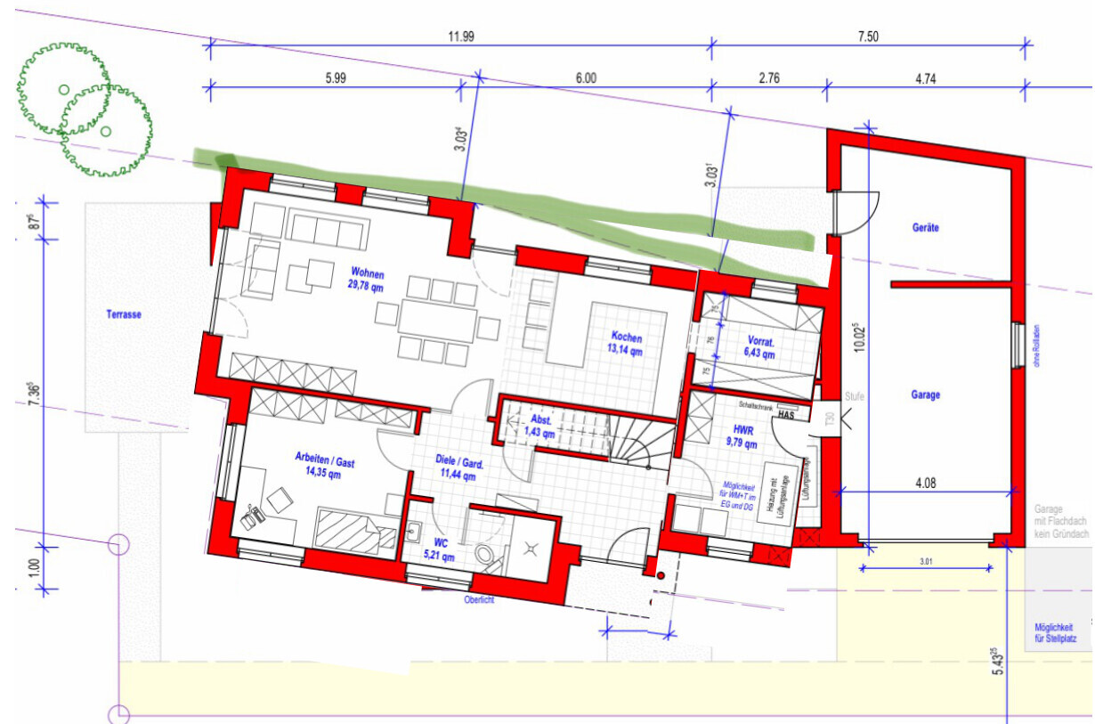 Grundriss eines Hauses mit Wohn-/Essbereich, Küche, Vorrat, Diele, HWR, Terrasse und Garage.