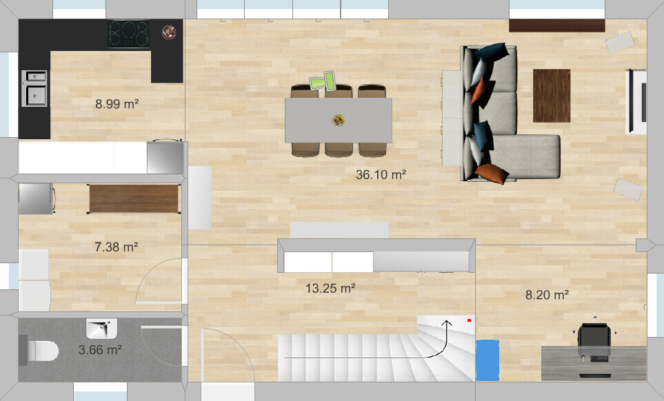 Grundriss eines offenen Wohn- und Essbereichs mit Küche links, Sofa rechts, Treppe.