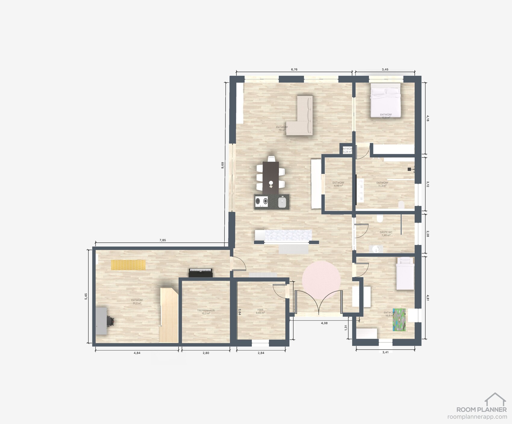 Grundriss eines Wohnhauses: Wohnzimmer, Küche, Essbereich, Flur, Schlafzimmer und Bad.