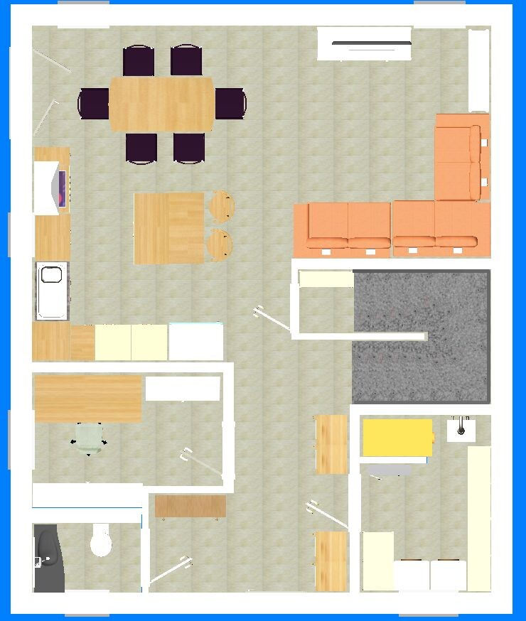 Grundriss einer Wohnung: Offene Küche, Esstisch, Insel, orange Sofa, Schlafzimmer unten.