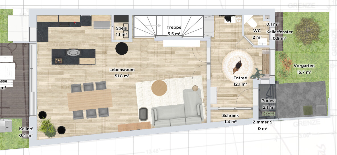 Grundriss eines Hauses: Lebensraum mit Essbereich, Treppe, Entrée, Speis, WC und Vorgarten.
