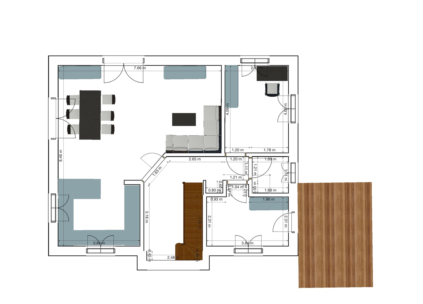 Grundriss eines Hauses mit Wohnzimmer, Essbereich, Schlafzimmer, Bad und Terrasse.