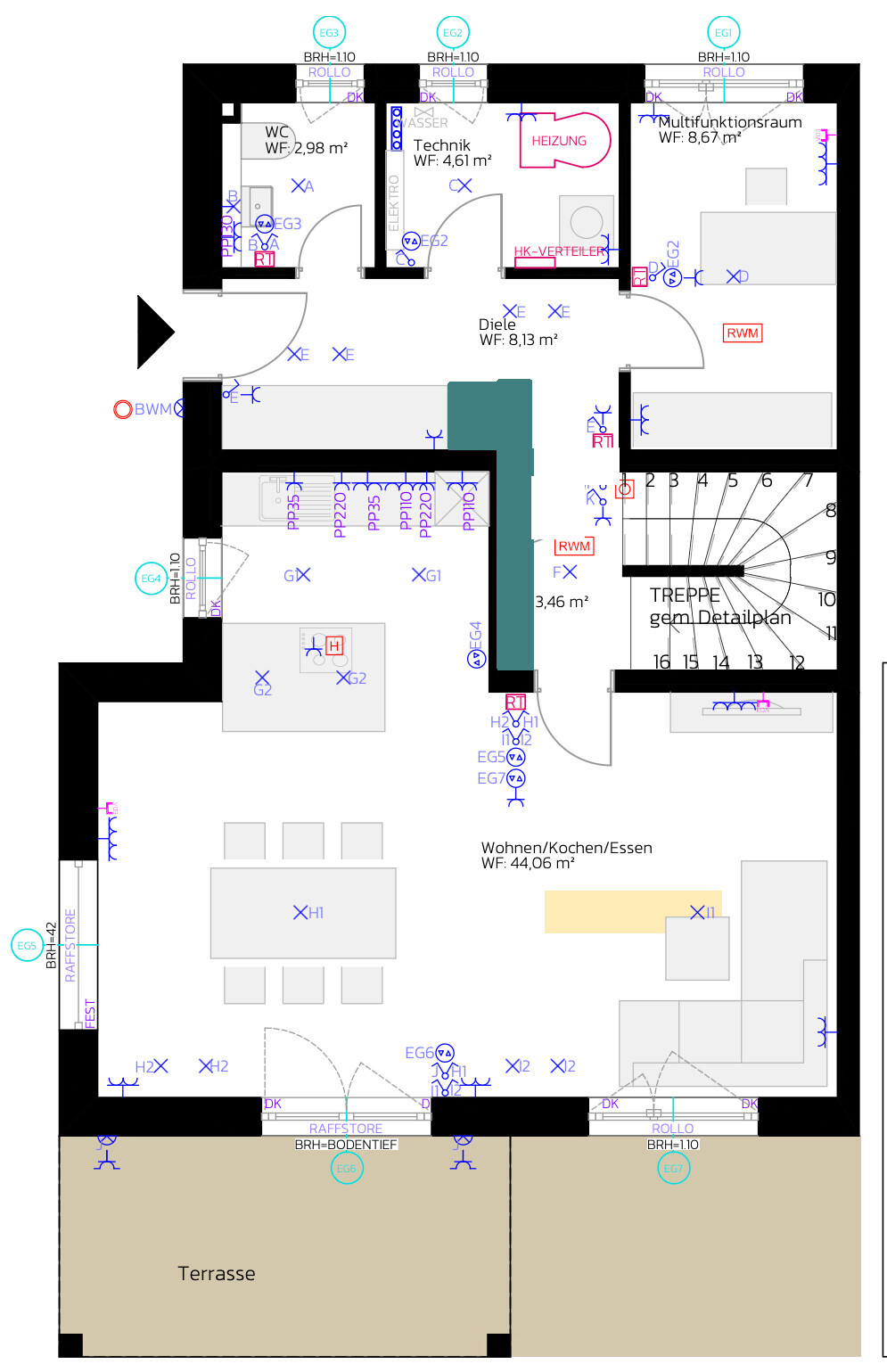 Detaillierter Grundriss eines Hauses mit Wohn-, Koch- und Essbereich, Terrasse und Treppen im Plan