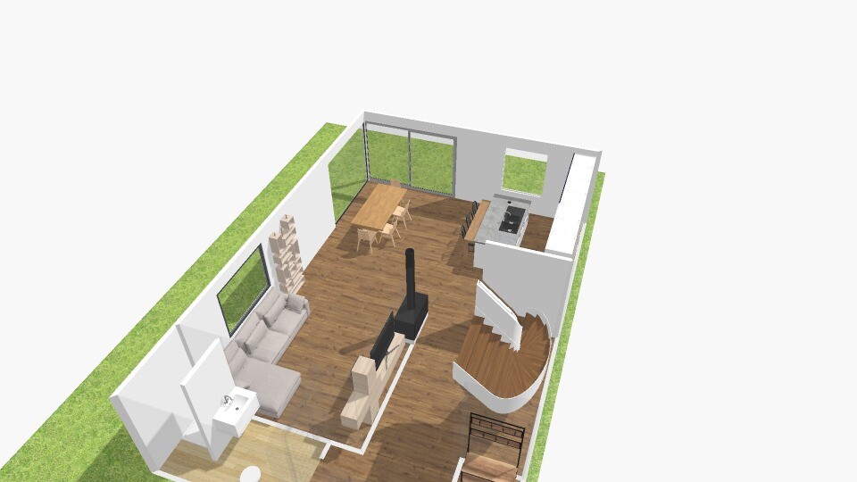 Offenes Wohnzimmer mit Sofa, Kamin, TV, Essbereich, Küche und gewundener Holztreppe.