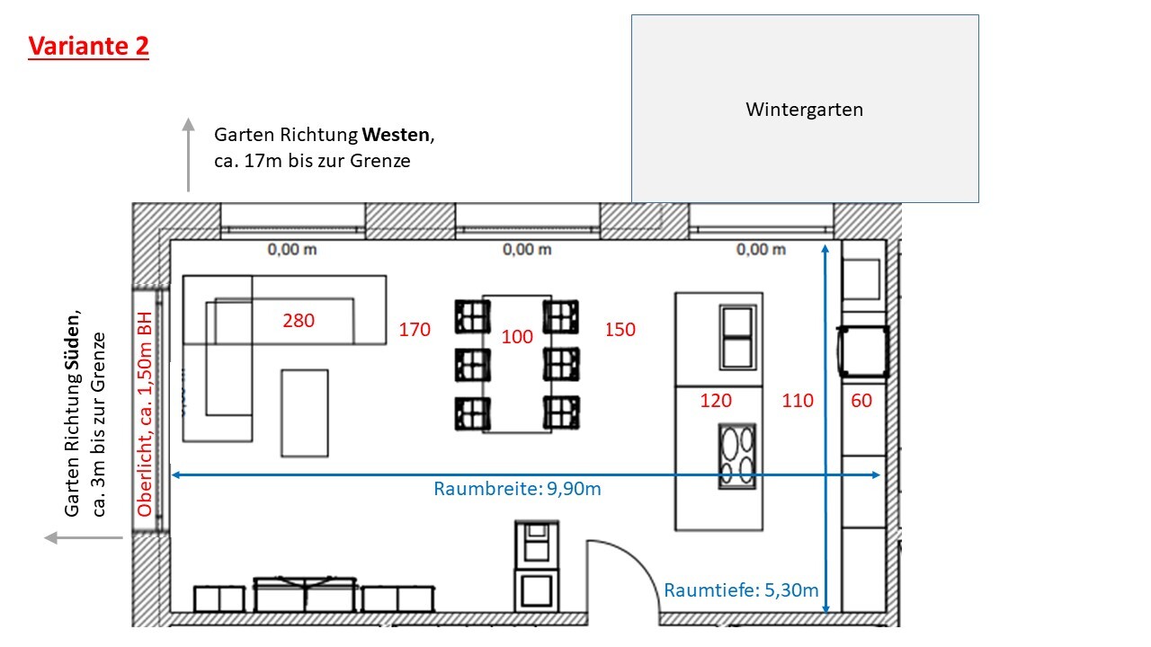 Grundriss: Raum mit Küche, Esstisch, Sofa, Wintergarten; Maße ca. 9,9 m x 5,3 m.
