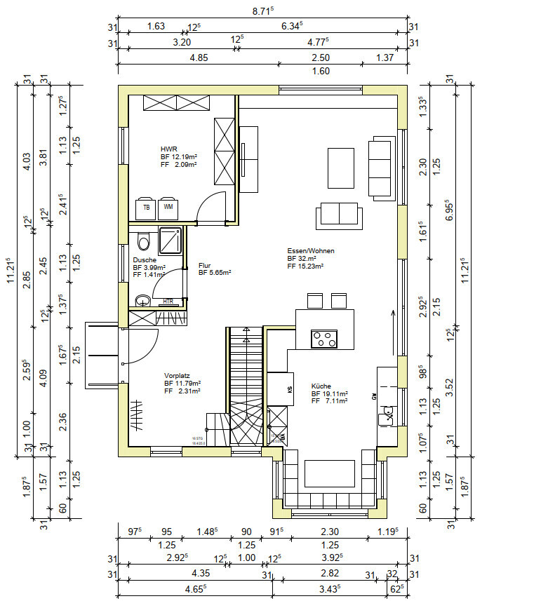 Grundriss eines Hauses: Küche, Essen/Wohnen, HWR, Dusche, Flur, Vorplatz.