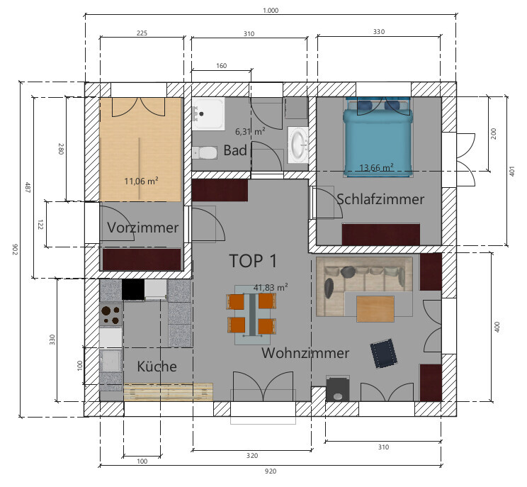 Grundriss einer Wohnung mit Küche, Vorzimmer, Wohnzimmer, Bad und Schlafzimmer (TOP 1).