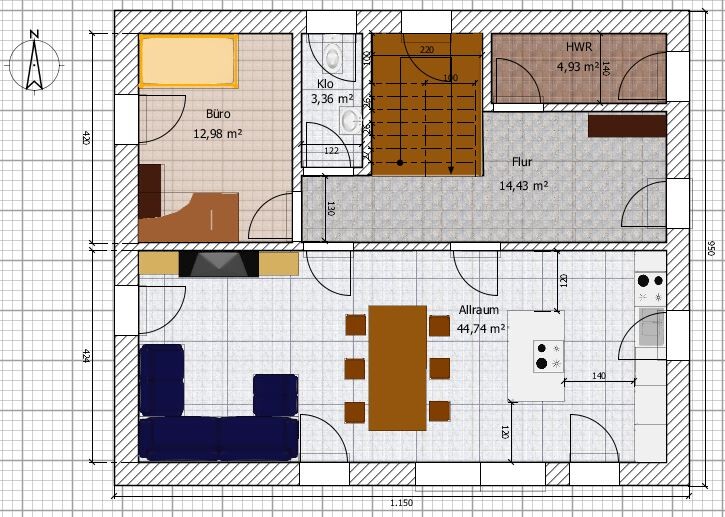 Grundriss eines Hauses: Büro, Klo, HWR, Flur, Allraum mit Esstisch, Küche, Sofa.