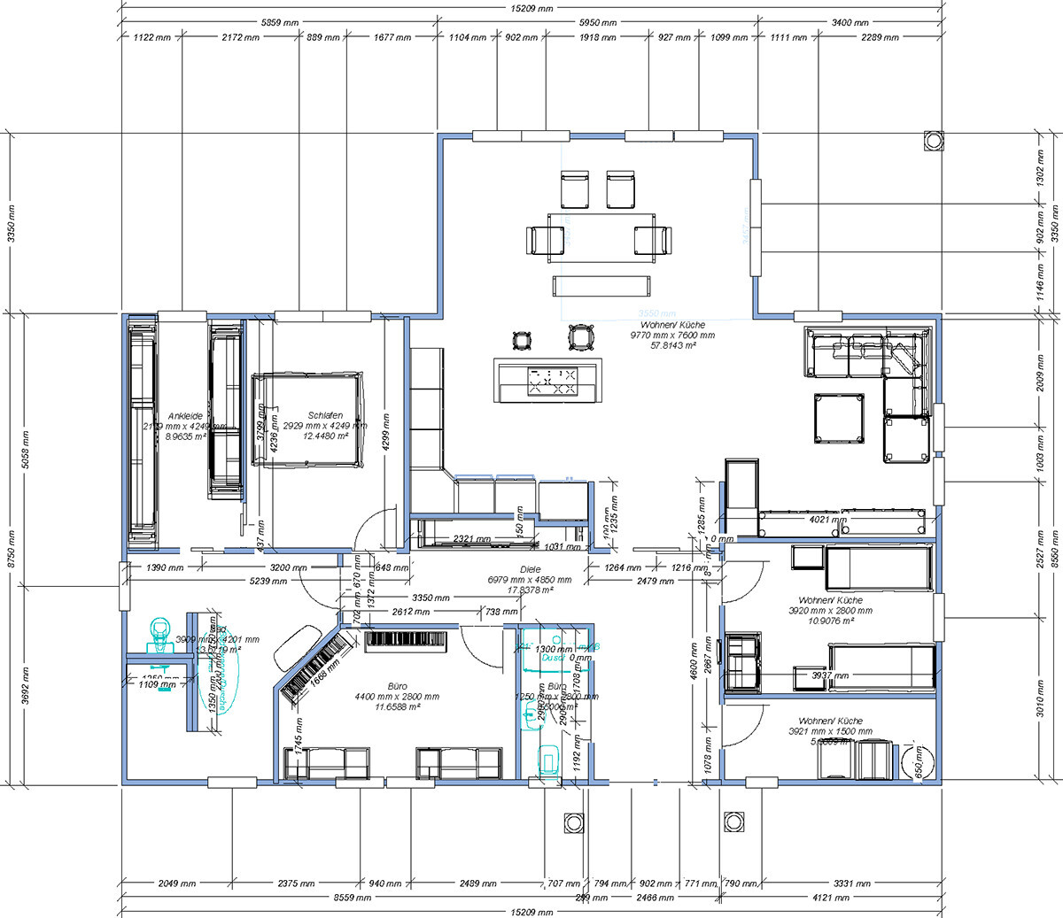 Grundriss eines Hauses mit Küche, Wohnzimmer, Schlafzimmer, Ankleide, Büro und Fluren.