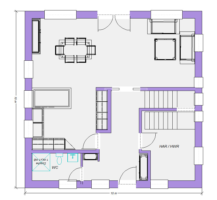Grundriss eines Wohn- und Essbereichs mit Küche, WC, HAR/HWR und Treppe.