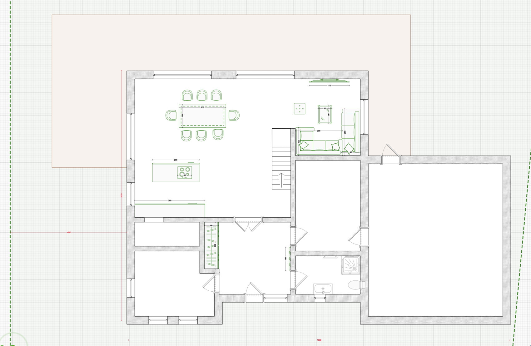 Grundriss eines Hauses: Offener Wohn- und Essbereich mit Esstisch, Küche, Sofa und Treppe.