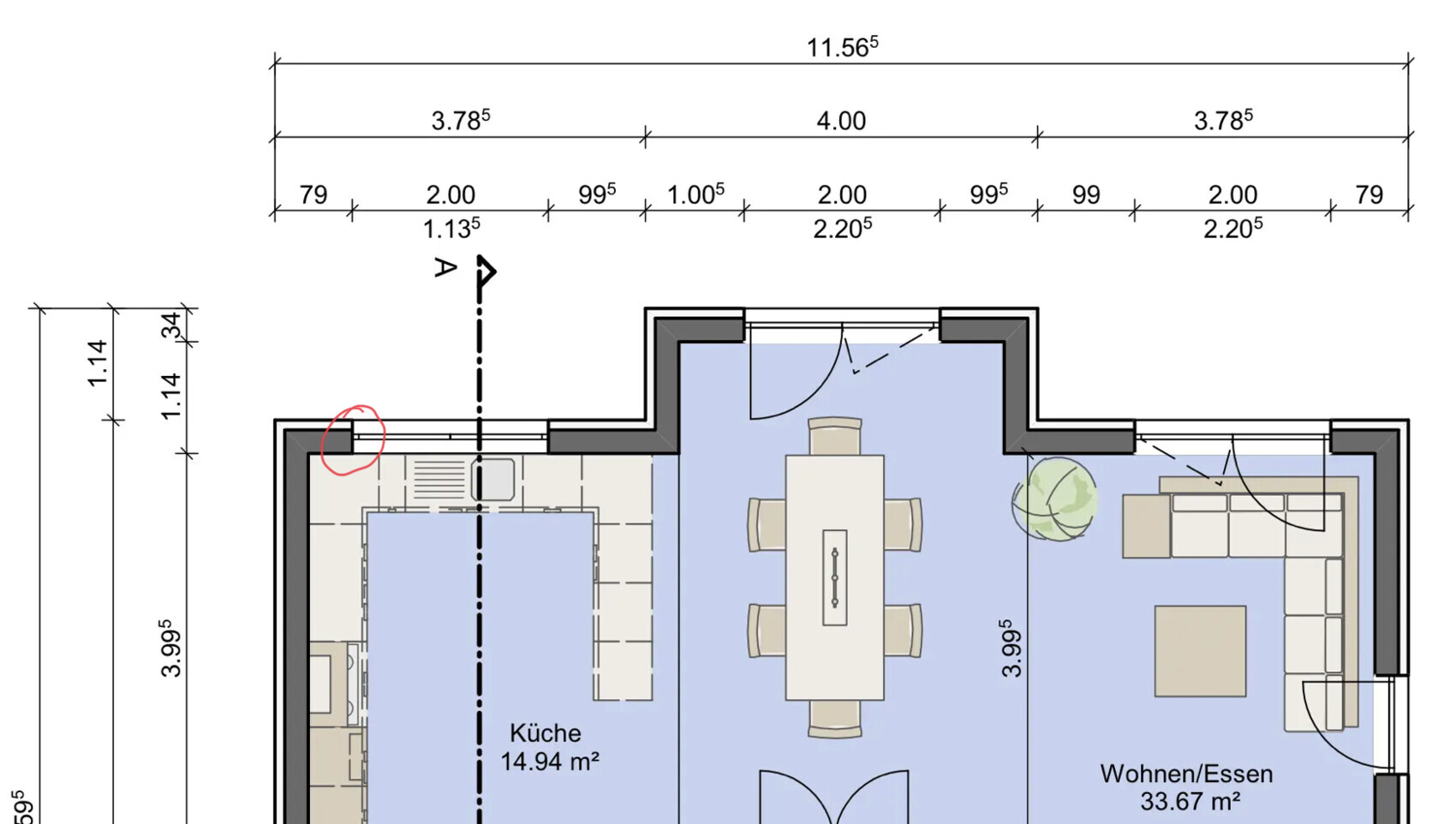 2D Grundriss eines offenen Wohnraums mit Küche, Essbereich und Wohnzimmer, Maßlinien