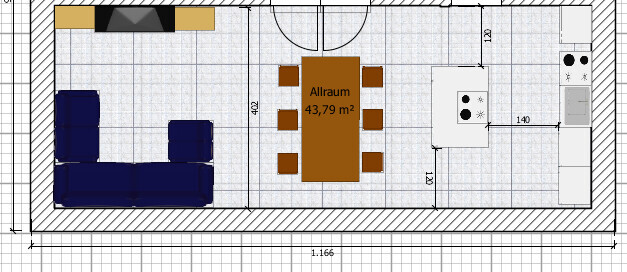 2D-Grundriss eines offenen Wohn- und Küchenbereichs mit Sofa und Esstisch.