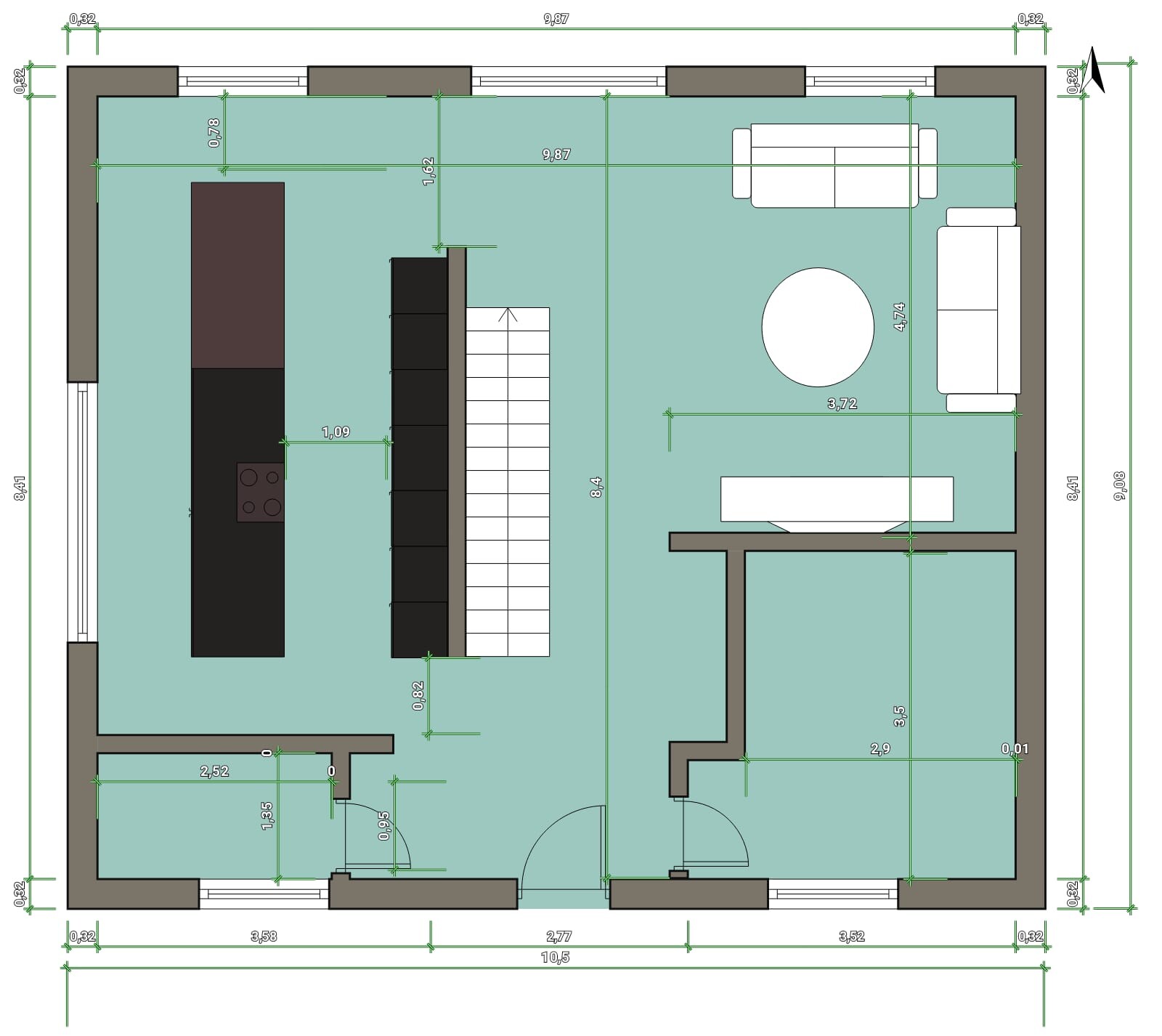 Grundriss eines offenen Raums: Küche links, Treppe in Mitte, Wohnzimmer rechts mit Sofa.