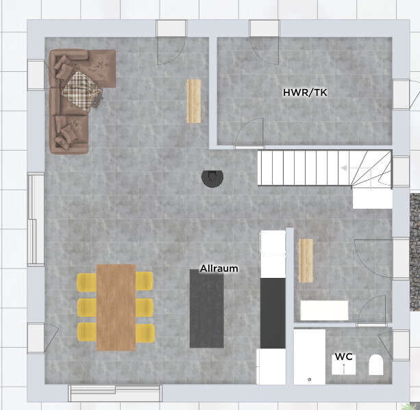 Grundriss eines offenen Wohnbereichs mit Esstisch, Sofa, Kücheninsel, HWR/TK-Raum, Treppe, WC.