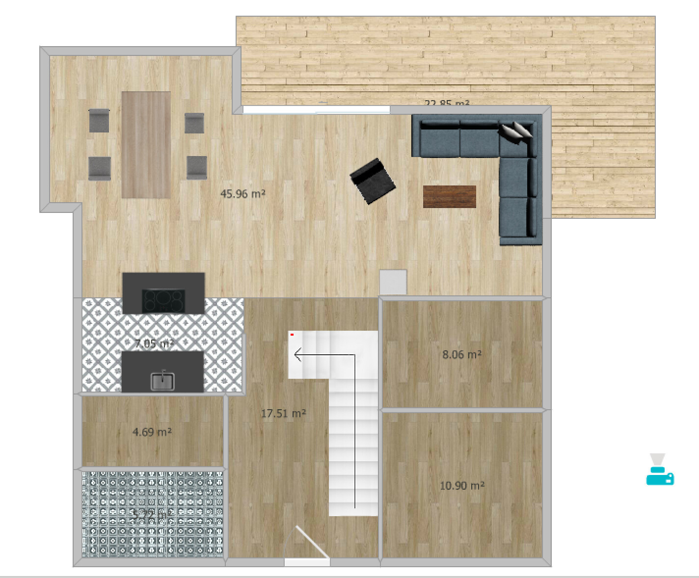 Grundriss eines Hauses mit Küche, Essbereich, Wohnzimmer, Treppenhaus und Zimmer.