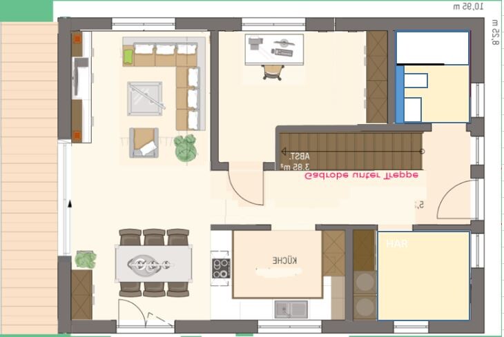 Grundriss eines Hauses: Wohnzimmer, Essbereich, Küche, Arbeitszimmer, Schlafzimmer, Treppe.