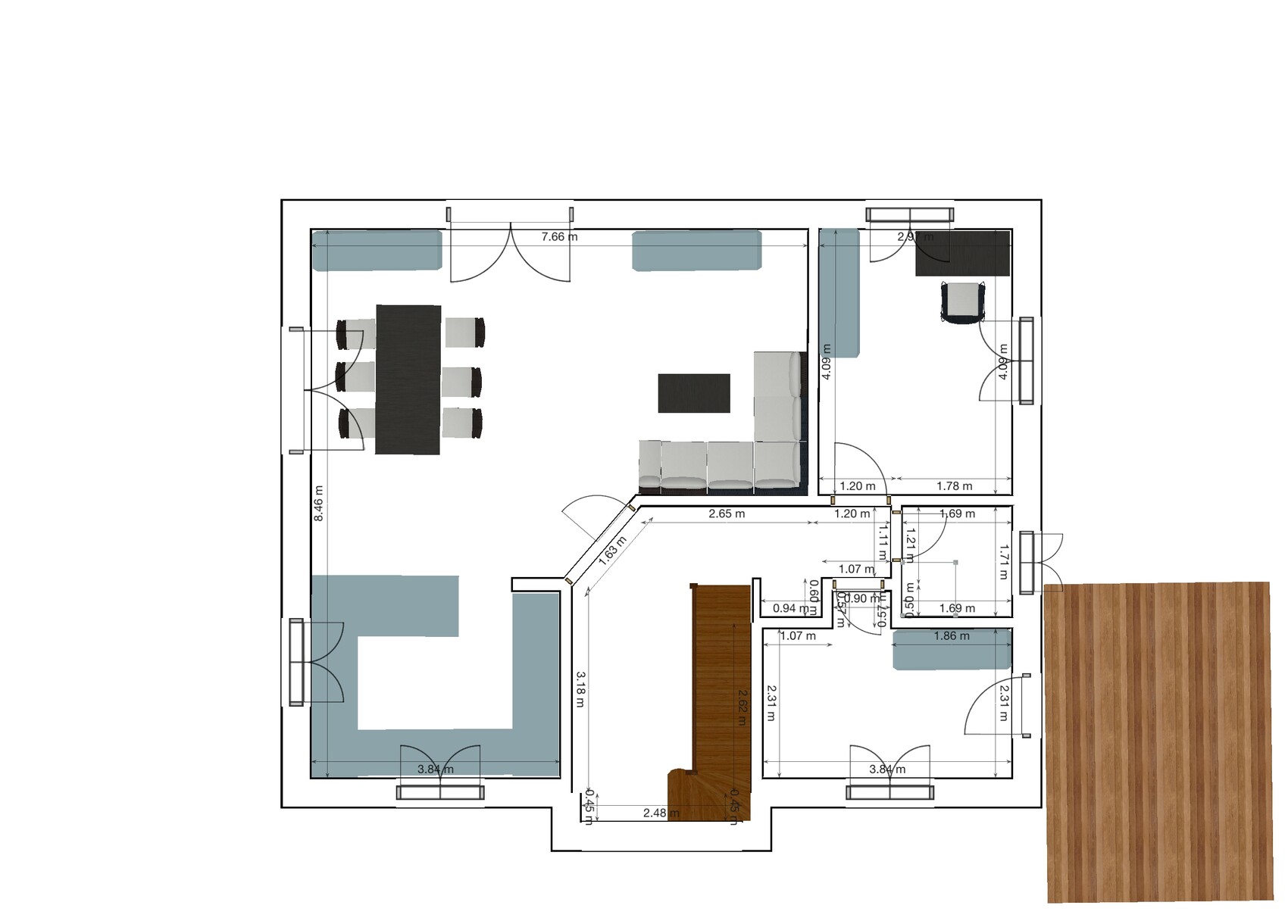 Grundriss eines Wohnhauses mit Wohnzimmer, Essbereich, Küche, Bad und Terrasse.