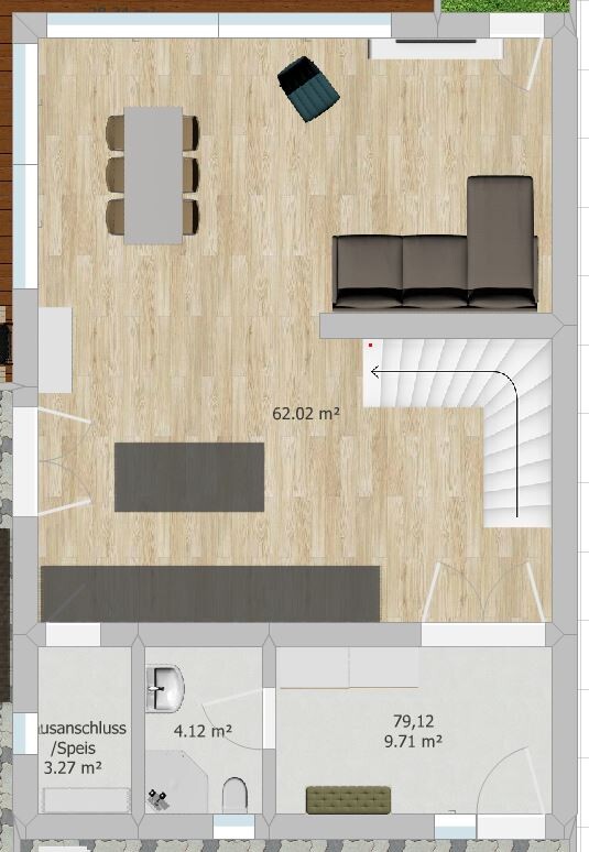 Offener Wohnbereich mit Esstisch links, Sofa rechts, Treppe rechts; Bad und Vorratsraum.