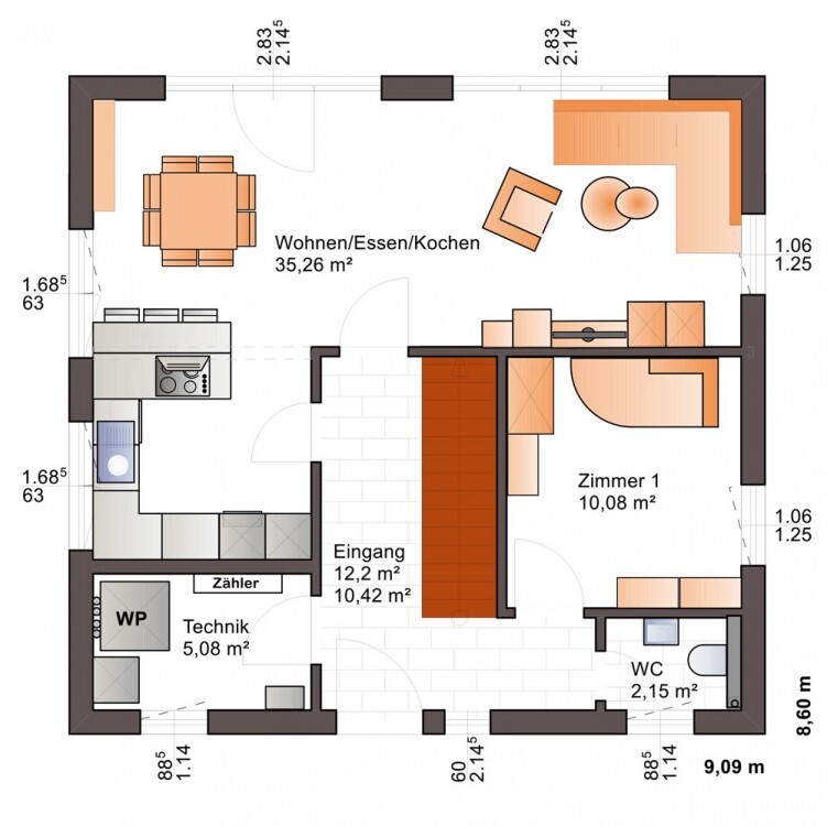 Grundriss einer Wohnung: Wohn-/Ess/Kochen, Zimmer 1, WC, Eingang.