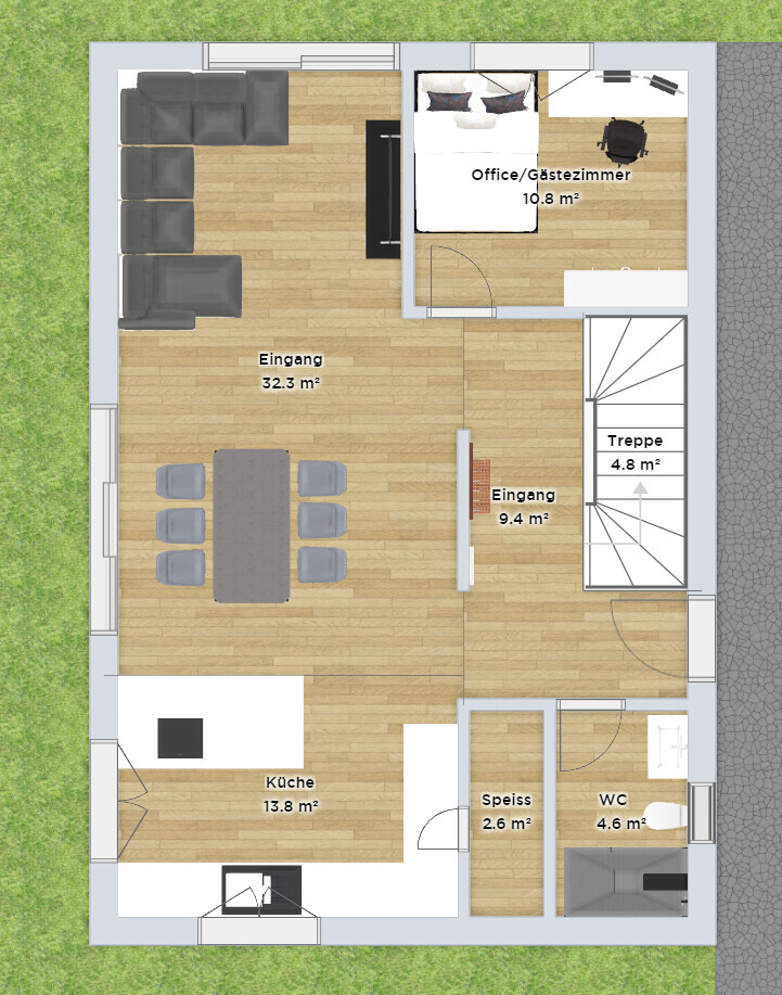 Grundriss eines Hauses: Wohnzimmer, Essbereich, Küche, Büro/Gästezimmer, Treppe, WC, Speisekammer.