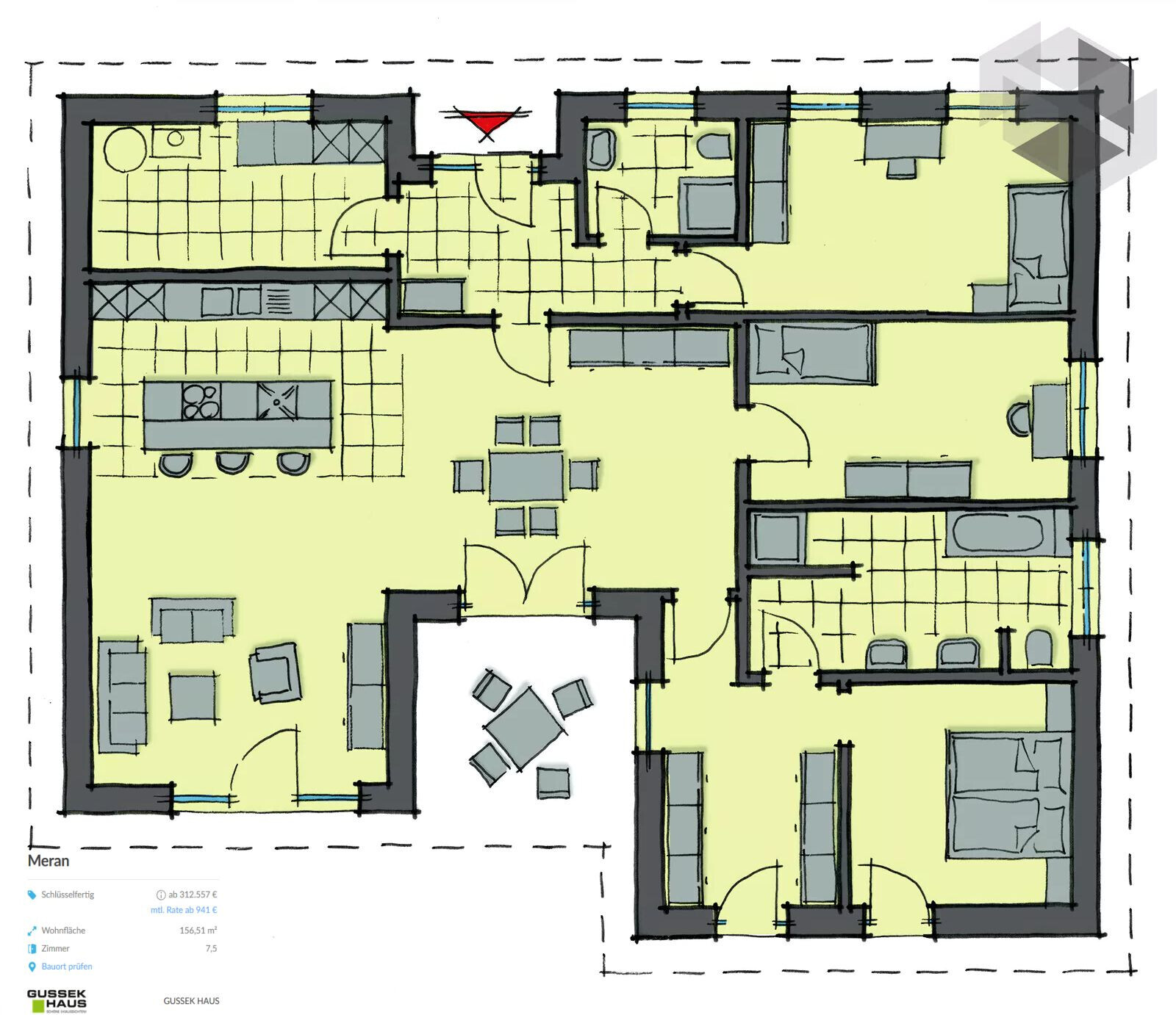 Grundriss eines Hauses: offener Wohn- und Essbereich, Küche mit Insel, Schlafzimmer, Bad.