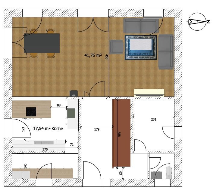Grundriss: offener Wohn-/Essbereich mit Sofa und TV, Küche mit Insel, zentrale Diele.