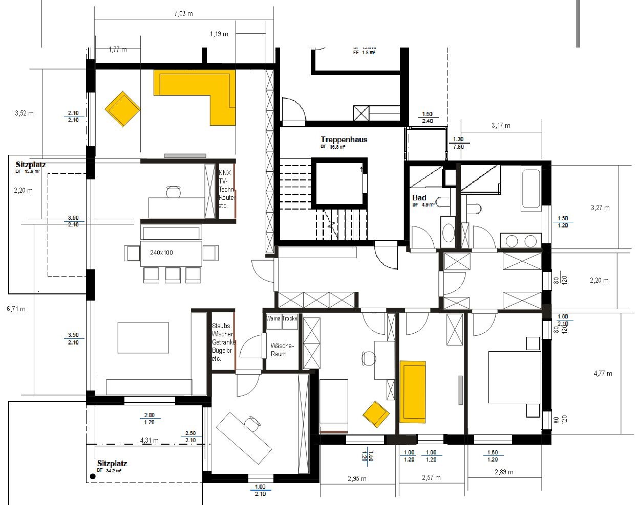2D Grundriss eines Hauses mit offener Küche, Essbereich, Wohnzimmer und Treppenhaus